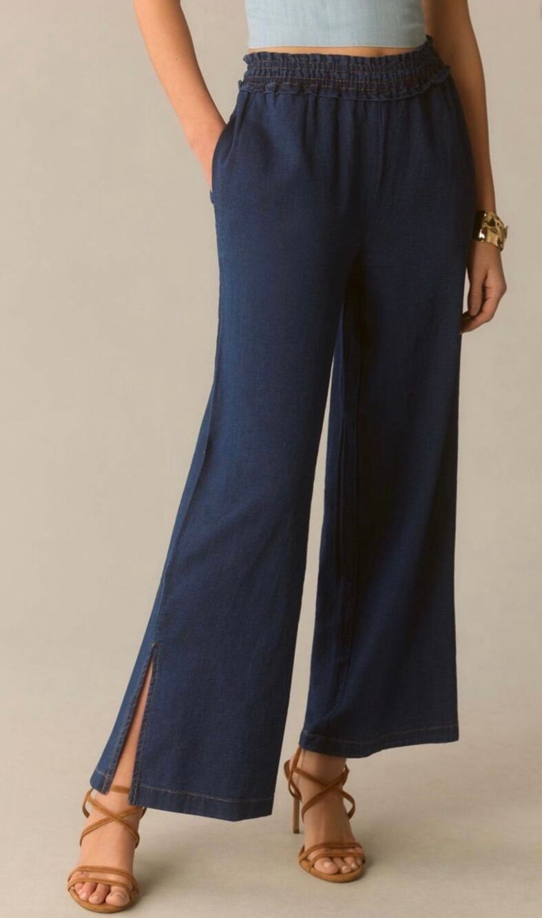 Anthropologie Wide Leg Pull-On Pants in Vintage Medium Denim Pockets Size Small